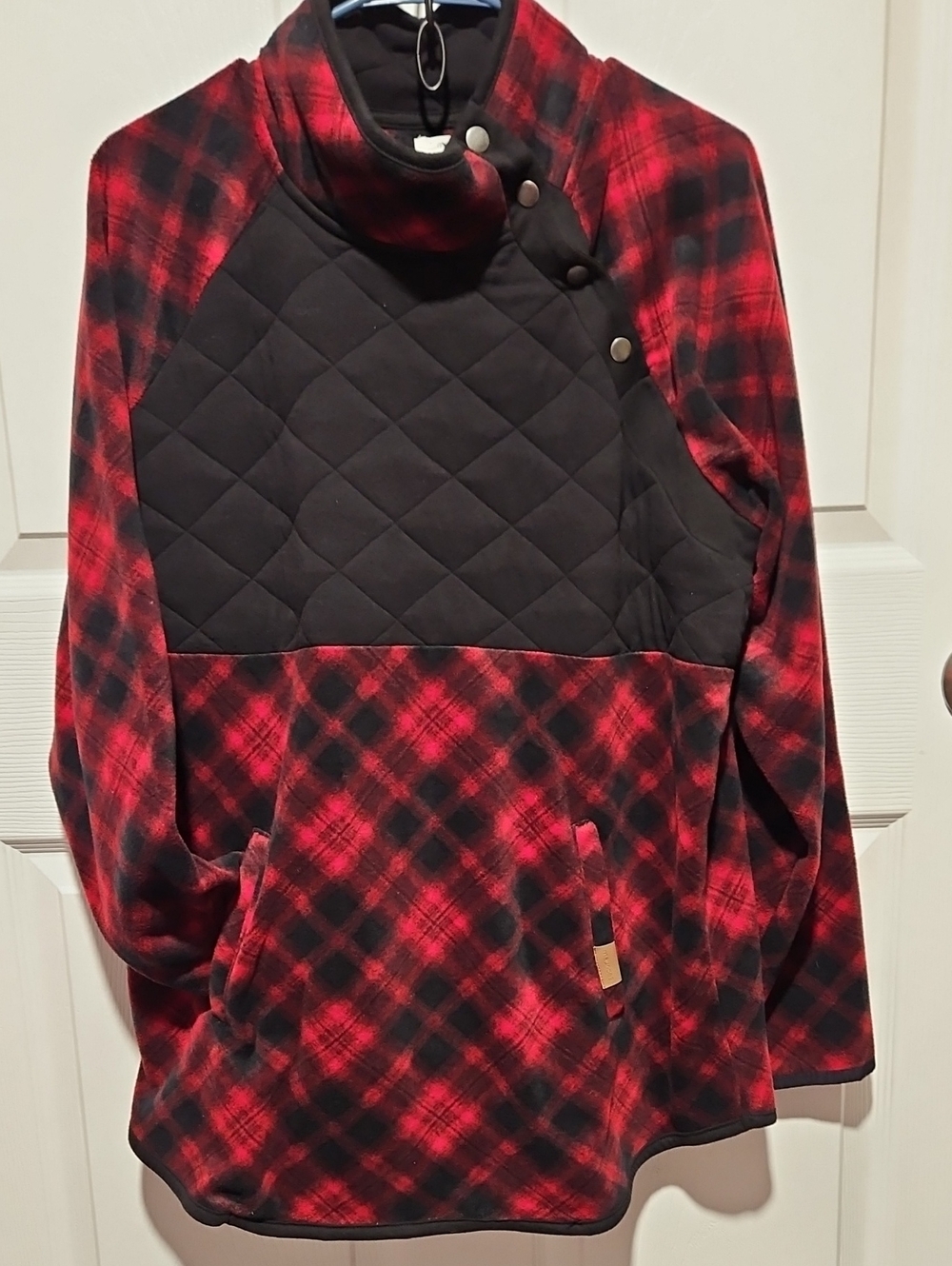 Maurices Red and Black Plaid Teddy Jacket with Quilted Black Panel